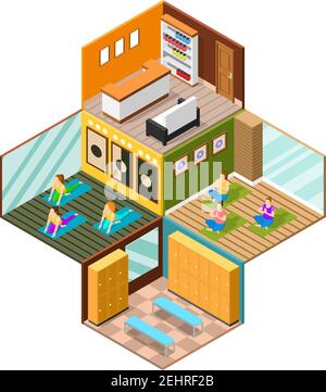 Diverse camere del moderno centro fitness e delle donne che praticano lo yoga immagine vettoriale isometrica 3d su sfondo bianco Illustrazione Vettoriale