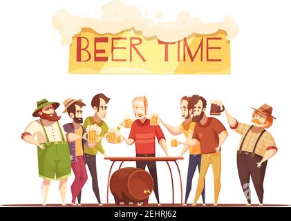 Concetto di progettazione del tempo della birra con l'azienda di sesso maschile felice che tiene dentro mani tazze pieno di birra piatta illustrazione vettoriale Illustrazione Vettoriale