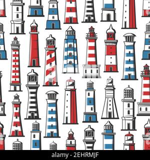 Modello retro senza giunture di faro e faro. Sfondo vettoriale di faro nautico o navigatore marittimo con pattugliatore marino rosso e blu Illustrazione Vettoriale
