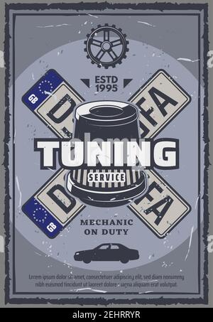 Poster vintage del servizio di messa a punto e riparazione dell'auto. Numeri delle targhe del veicolo Vector, filtro del carburante e dell'aria. Fissaggio automatico delle parti interne o sostituzione degli pneumatici e vel Illustrazione Vettoriale