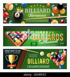 Biliardo, snooker e banner di giochi sportivi in piscina. Modello di volantino del concorso. Palla da biliardo piramide, cue e vincitore coppa trofeo su tavolo verde 3d illustre Illustrazione Vettoriale