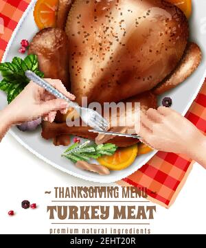 Composizione realistica delle mani tacchino colorato con menu di ringraziamento premium naturale illustrazione vettoriale del titolo degli ingredienti Illustrazione Vettoriale