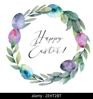 Corona di Pasqua con uova. Watercoor felice Pasqua oggetti. Design realistico Foto Stock