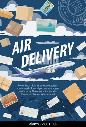 Consegna di posta aerea, logistica di affrancatura. Vector Airplane cargo shipping pacchi con giornali, riviste e buste per lettere. Cielo con po Illustrazione Vettoriale