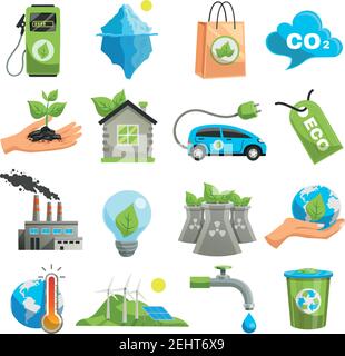 Set di icone ecologiche isolate con strumenti con l'aiuto di quale ecologia non comprime l'illustrazione vettoriale Illustrazione Vettoriale