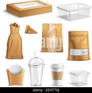 Confezioni vuote Fastfood Set realistico con coke Cup in plastica trasparente illustrazione vettoriale isolata di sacchetti di carta e contenitori Illustrazione Vettoriale
