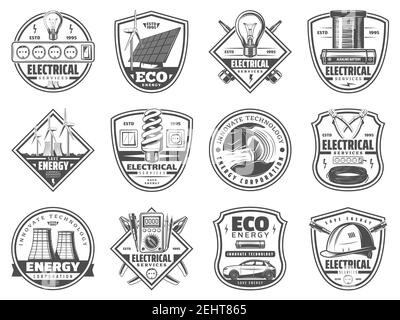 Energia e alimentazione icone industriali, elettricista servizio. Centrale e attrezzature. Strumenti elettrici vettoriali e risorse energetiche ecologiche della lampadina, sol Illustrazione Vettoriale