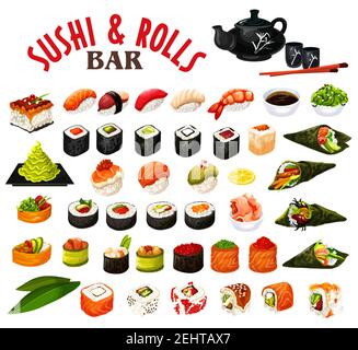 Sushi e panini di frutti di mare giapponesi con salsa e chopsticks. Vector roll, uramaki e inari, nigiri e gunkan, sushi temaki con pesce salmone, riso Illustrazione Vettoriale