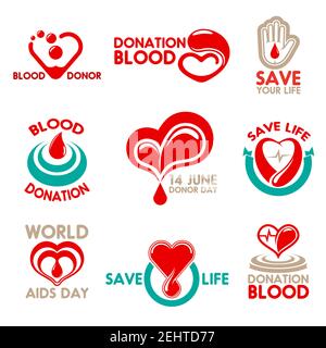 Icone per la donazione di sangue per il simbolo della Giornata Mondiale del donatore di sangue. Goccia rossa, cuore e mano d'aiuto, badge isolato, decorato da heartbeat e banner nastro per Illustrazione Vettoriale
