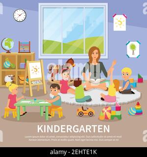 Composizione piatta asilo con educatore che lavora con bambini, bambini durante il disegno, giocattoli colorati, elementi interni illustrazione vettoriale Illustrazione Vettoriale