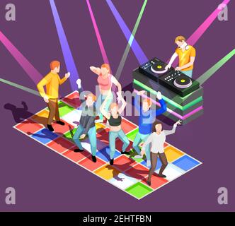 Party gente che balla sul pavimento colorato in discoteca 3d isometric illustrazione vettoriale Illustrazione Vettoriale