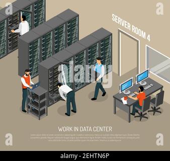 Lavorare nell'illustrazione vettoriale isometrica del data center con il programmatore AT luogo di lavoro e tecnici che configurano le apparecchiature Illustrazione Vettoriale