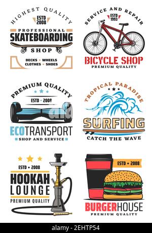 Negozio di biciclette e skateboard o hoverboard per attività sportive e di riparazione. Sport club estivo di surf, fast food, Burger house cafe e hookah lounge bar, eco trans Illustrazione Vettoriale
