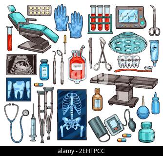 Attrezzature mediche dell'ospedale. Sedia e guanti per esame vettoriale, sangue in fiasche e monitor con battito cardiaco, forbici e bisturi, esame ecografico Illustrazione Vettoriale