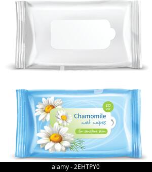Salviette umidificate camomile per pelli sensibili confezione realistica 2 viste imposta illustrazione vettoriale isolata Illustrazione Vettoriale