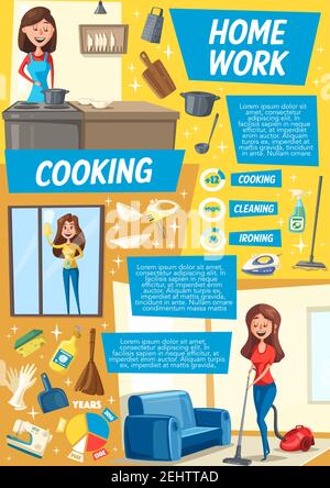 Poster del servizio di pulizia. Cartone animato donna camera di pulizia, lavaggio, lavanderia o cucina in cucina. Disegno vettoriale di cartone animato di donna e casa vuoto Illustrazione Vettoriale