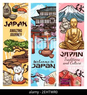 Cultura giapponese e simboli e monumenti tradizionali, banner vettoriali. Monte Fuji giapponese, tempio e statua di Buddha con kimono geisha, sushi e sake, Illustrazione Vettoriale