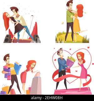 Abbinando il concetto di design 2x2 con gli amanti felici danze danzanti che danno regali e fiori piatta illustrazione vettoriale Illustrazione Vettoriale