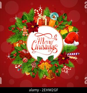 Buon Natale corona con regali albero di Natale su sfondo rosso neve frizzante. Vector decorazione di Capodanno ornamenti di mitens, poinsettia fiore e h Illustrazione Vettoriale