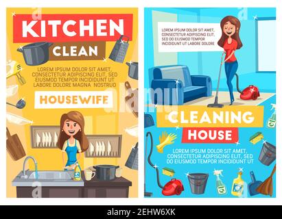 Pulizia di casa e lavastoviglie o cucina, striscioni vettoriali. Donna casalinga con aspirapolvere o vicino lavello piatti, stoviglie e pentola Illustrazione Vettoriale