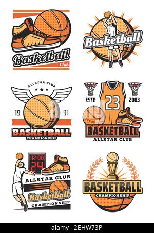 Basket sport gioco vettore icone isolate. Cartelli torneo campionato con palla e scarpe, atleti giocatori gettando palla nel cesto, t-shirt e. Illustrazione Vettoriale