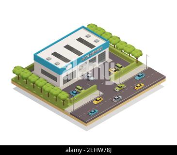 Composizione isometrica con auto parcheggiate vicino al centro di assistenza auto acceso immagine vettoriale 3d su sfondo bianco Illustrazione Vettoriale