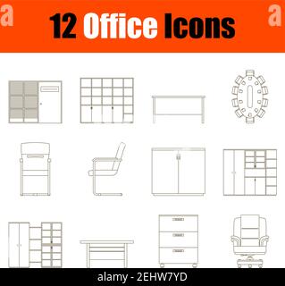 Set di icone Office. Linea tratto modificabile sottile senza disegno di riempimento. Illustrazione vettoriale. Illustrazione Vettoriale