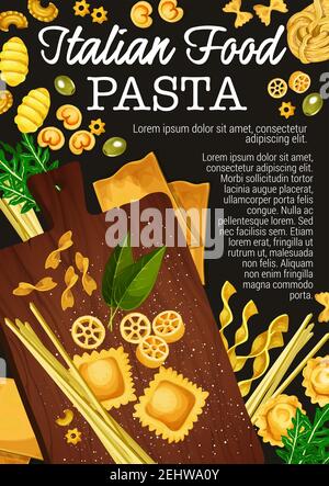 Pasta fatta di piatti tradizionali italiani. Spaghetti vettoriali, maccheroni e fettuccine, penne, farfalle e ravioli, lasagne, rotelli e gnocchi con pasta Illustrazione Vettoriale