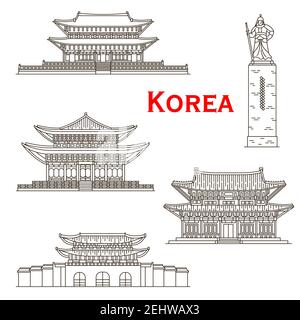 Luoghi di interesse turistico coreani delle icone lineari vettoriali di Seoul. Statua dell'ammiraglio Yi Sun-Shin, la Fortezza Wall porta Janganmun, Gyeongbokgung, Toksugun e Changde Illustrazione Vettoriale