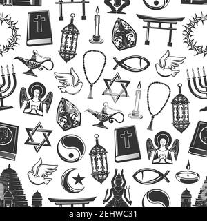 Simboli di religione mondiale modello senza giunture vettoriale. Cristianesimo e giudaismo, Islam e Buddismo. Bibbia e angelo, rosario e colomba, lanterna e mezzaluna, Illustrazione Vettoriale