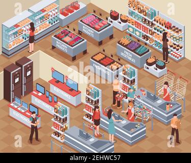 Supermarket con persone bevande alimentari e simboli elettronici vettore isometrico illustrazione Illustrazione Vettoriale