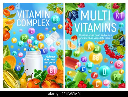 Vitamine nelle verdure vegetariane, frutta biologica e bacche naturali. Multivitaminici vettoriali e minerali complessi in alimenti sani per dieteti Illustrazione Vettoriale