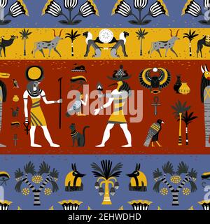 Antica religione egiziana modello senza giunture con divinità, simboli geroglifici, decorazione floreale su sfondo colorato illustrazione vettoriale Illustrazione Vettoriale