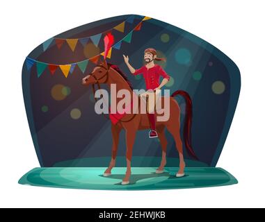 Chapiteau circo, cavallo e equestre o acrobat, palcoscenico con riflettori. Animale vettoriale con piuma e collo, artista in costume e bandana. Ma Illustrazione Vettoriale