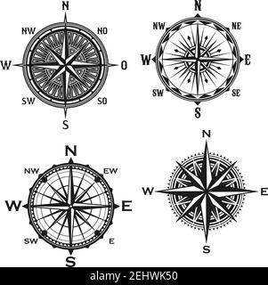 Rosa dei Venti simbolo della bussola nautica, tema marino e marittimo. Icone vettoriali del navigatore veliero con frecce di direzione verso e Illustrazione Vettoriale