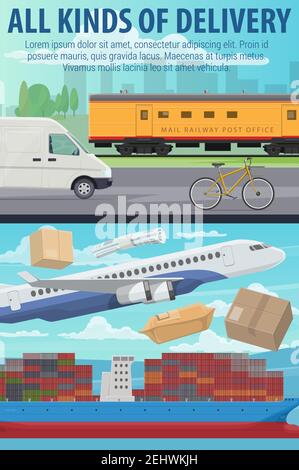 Ufficio di consegna della posta, logistica della spedizione postale. Vettore aereo e treno, camion e nave, trasporto in bicicletta per la spedizione pacchi e scatole. Carico e f Illustrazione Vettoriale