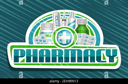 Banner vettoriale per farmacia, cartellone decorativo bianco con scritta esclusiva per il simbolo della farmacia e della farmacia e in cerchio, therm elettronico Illustrazione Vettoriale