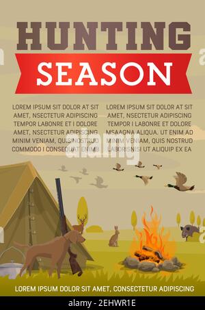 Stagione di caccia all'anatra e ai cervi, campo di caccia, fucile, cane e fucile, animali selvatici, uccelli e fucili, cinghiali, alci e lepre. Caccia sport, attività ricreative all'aperto Illustrazione Vettoriale