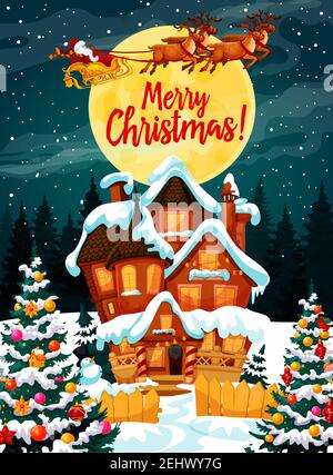 Babbo Natale su poster con auguri di buon Natale. Imbracatura con i cervi che volano sopra casa in neve tra alberi decorati di Natale. Pupazzo di neve e recinzione di legno, fu Illustrazione Vettoriale