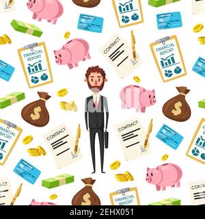 Business manager ufficio e business items sfondo modello senza soluzione di continuità. Vettore Cartoon uomo, contratti di affare, carta di credito e dollari di denaro in piggy Illustrazione Vettoriale