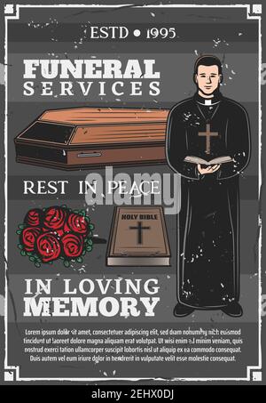 Servizio funerario, mortuario e cerimonia di sepoltura agenzia o poster aziendale. Sacerdote vettoriale con bibbia nella messa della chiesa, corona di fiori commemorativi sulla bara Illustrazione Vettoriale