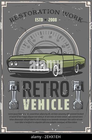 Centro di assistenza veicoli retro e poster del garage di restauro auto d'epoca. Disegno vettoriale di un'automobile cabriolet a collettore con pistoni motore per diagn Illustrazione Vettoriale