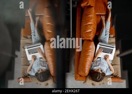 Donna che lavora con un computer portatile da casa su un divano Foto Stock
