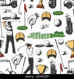 Campo da golf di sfondo. Vector disegno senza giunture di giocatore di golf con bastone di randello di sport, sfera e buco su T o cart auto su campo verde per Championshi Illustrazione Vettoriale