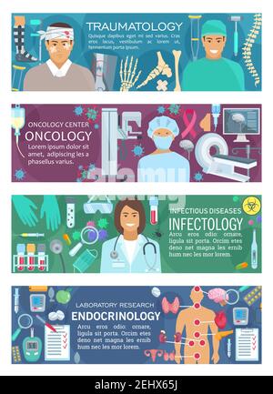 Striscioni medici di medici ospedalieri in traumatologia e oncologia, infettiologia ed endocrinologia. Farmaci vettoriali e strumenti medici, pazienti e MRI Illustrazione Vettoriale