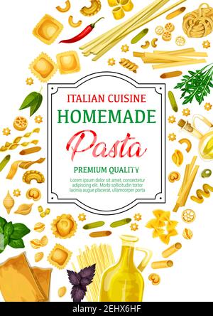 Pasta, diverse forme di maccheroni e spaghetti con spezie ed erbe della cucina italiana. Vettore farfalle, penne e fusilli, ravioli, conchiglie e l Illustrazione Vettoriale
