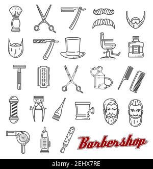 Barbershop linee icone d'arte. Barba e baffi, barbiere, rasoio o forbici, spazzola e asciugacapelli. Vettore di salone di bellezza maschile, Illustrazione Vettoriale