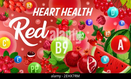 Frutta e bacche, dieta detox colore rosso, icone vitaminiche vettoriali in bolle. Vitamine A, B e D con minerali salute del cuore. Cocomero e melograno, Illustrazione Vettoriale