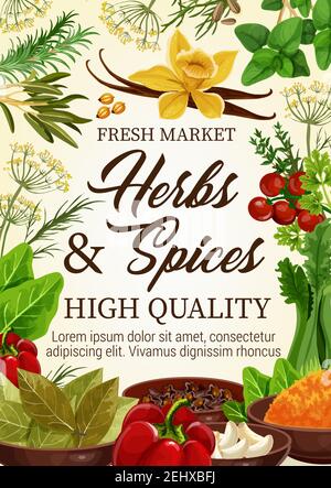 Erbe e spezie mercato agricolo poster vettoriale, ingredienti culinari naturali e condimenti di cucina. Vaniglia vettoriale, basilico o peperone, pomodori e ba Illustrazione Vettoriale
