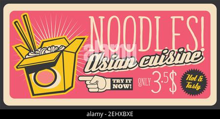 Noodles fast food retrò poster, ristorante snack menu. Vector fastfood di cinese asiatico o giapponese e coreano Street food noodles scatola con bastone Illustrazione Vettoriale